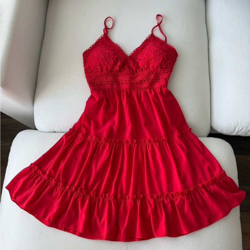 Red Lace Trim Party Summer Dress Xs